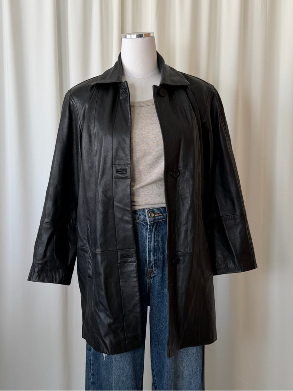 Vintage 2000s Anne Klein Leather Jacket Black Small Minimalist. - Picture 3 of 14
